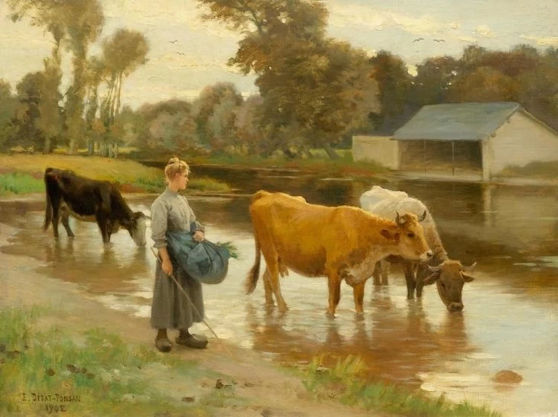 Contadina con mucche lungo un fiume, 1902